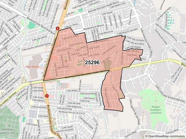 Mapa del código postal 25296, Saltillo, Coahuila de Zaragoza