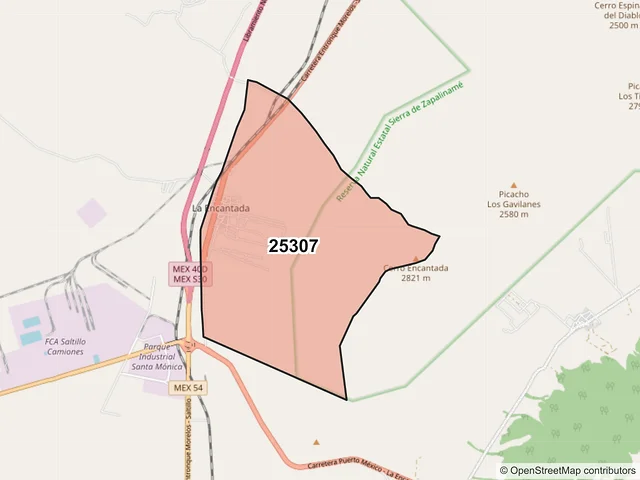 Mapa del código postal 25307, Saltillo, Coahuila de Zaragoza