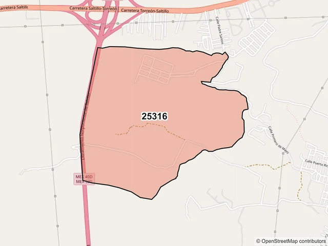 Mapa del código postal 25316, Saltillo, Coahuila de Zaragoza