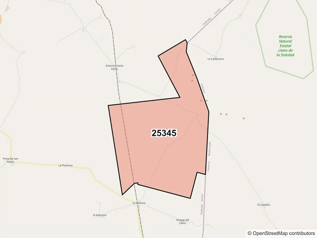 Mapa del código postal 25345, Saltillo, Coahuila de Zaragoza