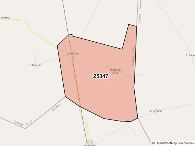 Mapa del código postal 25347, Saltillo, Coahuila de Zaragoza
