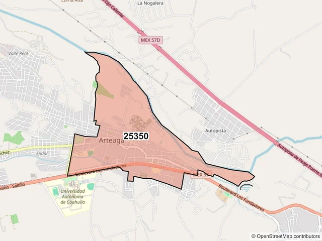 Mapa del código postal 25350, Arteaga, Coahuila de Zaragoza