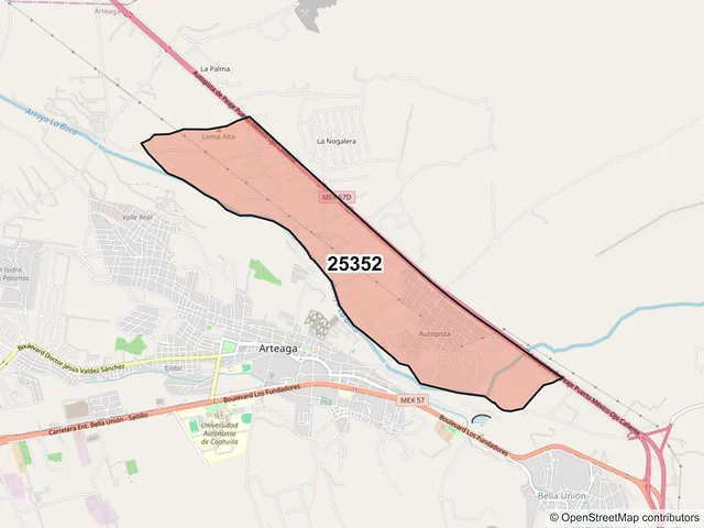 Mapa del código postal 25352, Arteaga, Coahuila de Zaragoza