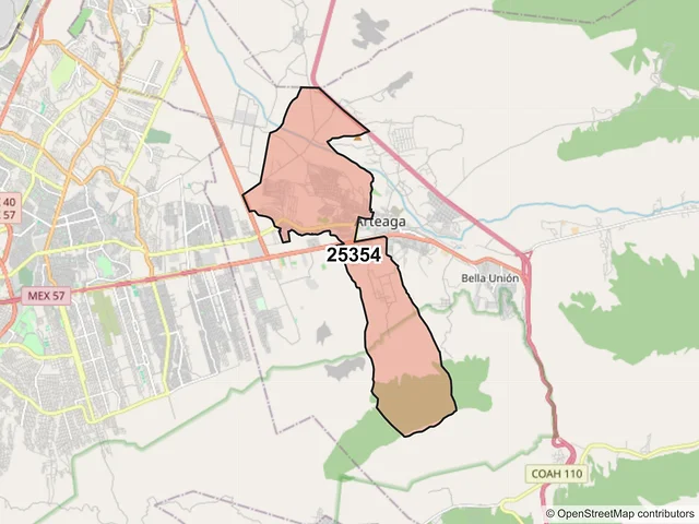 Mapa del código postal 25354, Arteaga, Coahuila de Zaragoza