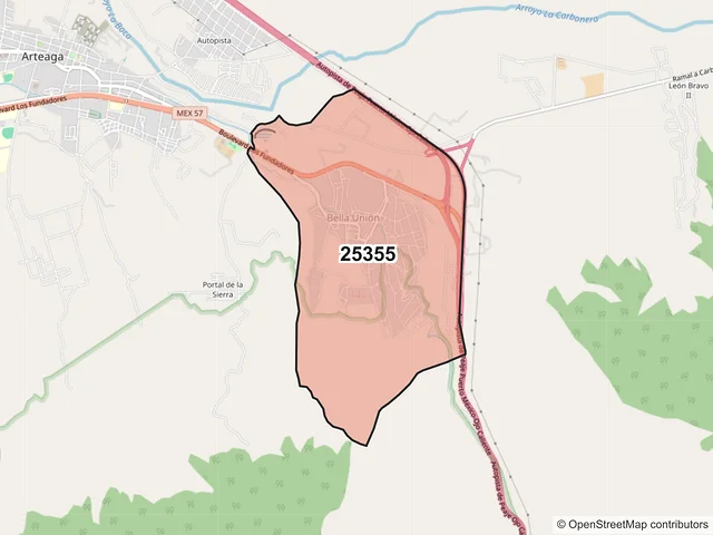 Mapa del código postal 25355, Arteaga, Coahuila de Zaragoza