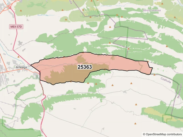 Mapa del código postal 25363, Arteaga, Coahuila de Zaragoza