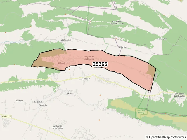 Mapa del código postal 25365, Arteaga, Coahuila de Zaragoza