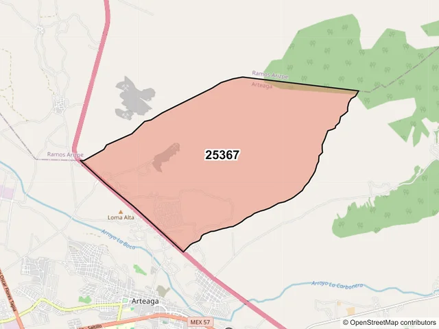 Mapa del código postal 25367, Arteaga, Coahuila de Zaragoza