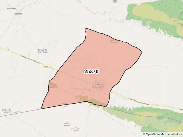 Mapa del código postal 25370, Arteaga, Coahuila de Zaragoza