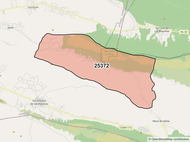 Mapa del código postal 25372, Arteaga, Coahuila de Zaragoza