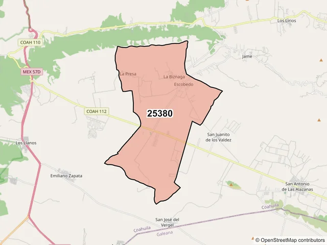 Mapa del código postal 25380, Arteaga, Coahuila de Zaragoza