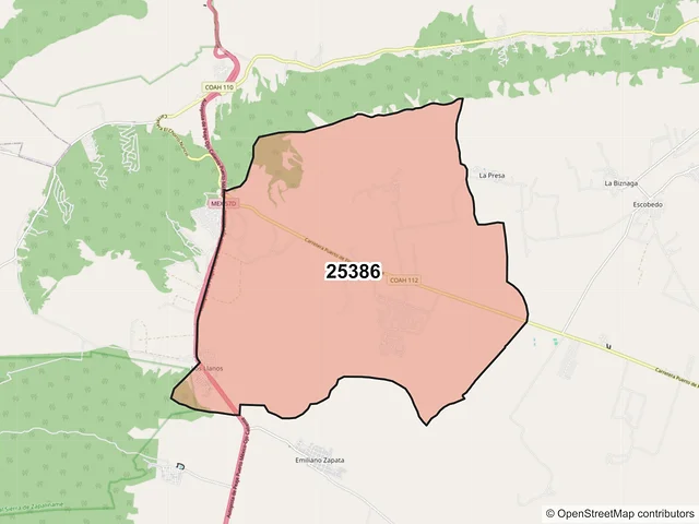Mapa del código postal 25386, Arteaga, Coahuila de Zaragoza