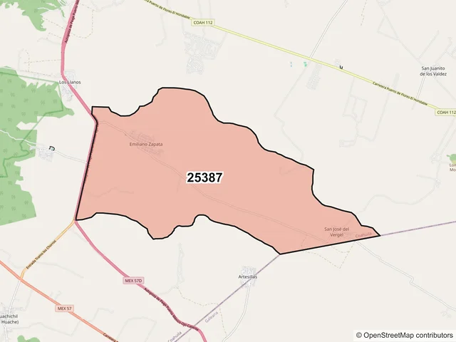 Mapa del código postal 25387, Arteaga, Coahuila de Zaragoza