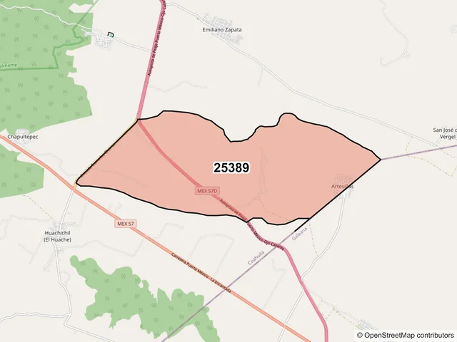 Mapa del código postal 25389, Arteaga, Coahuila de Zaragoza