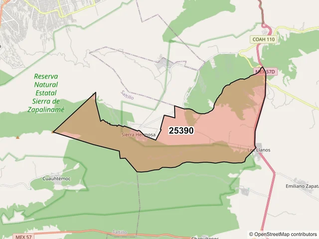 Mapa del código postal 25390, Arteaga, Coahuila de Zaragoza