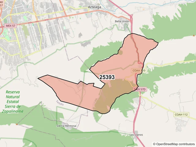 Mapa del código postal 25393, Arteaga, Coahuila de Zaragoza