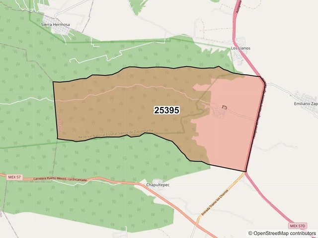 Mapa del código postal 25395, Arteaga, Coahuila de Zaragoza