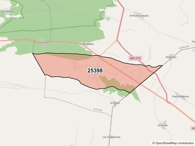 Mapa del código postal 25398, Arteaga, Coahuila de Zaragoza