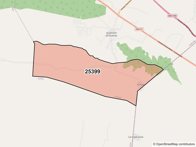 Mapa del código postal 25399, Arteaga, Coahuila de Zaragoza