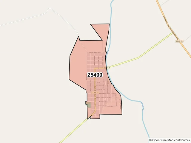Mapa del código postal 25400, Juárez, Coahuila de Zaragoza