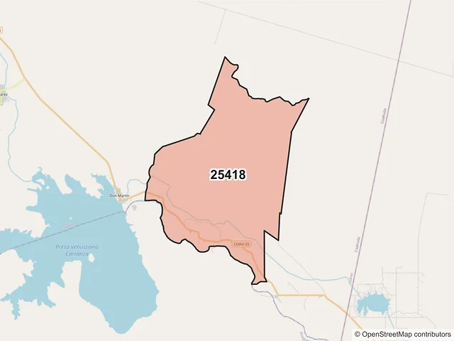 Mapa del código postal 25418, Juárez, Coahuila de Zaragoza