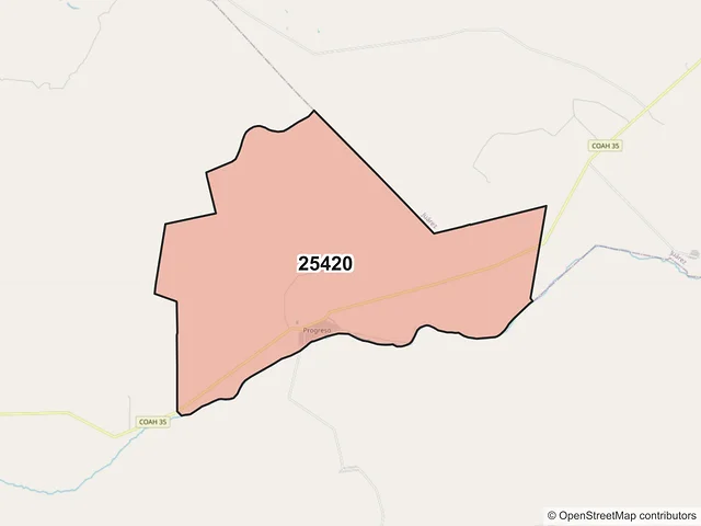 Mapa del código postal 25420, Progreso, Coahuila de Zaragoza