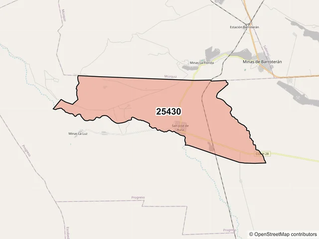 Mapa del código postal 25430, Progreso, Coahuila de Zaragoza