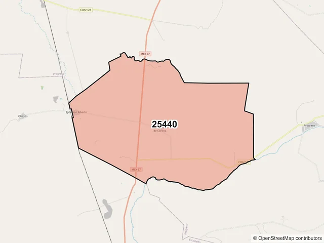 Mapa del código postal 25440, Progreso, Coahuila de Zaragoza