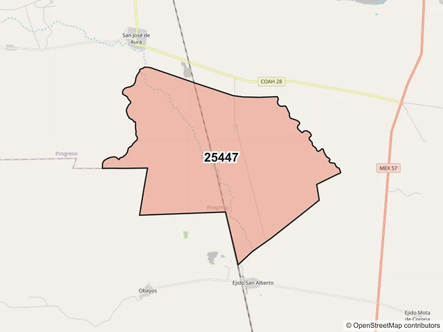 Mapa del código postal 25447, Progreso, Coahuila de Zaragoza
