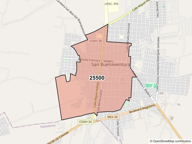 Mapa del código postal 25500, San Buenaventura, Coahuila de Zaragoza