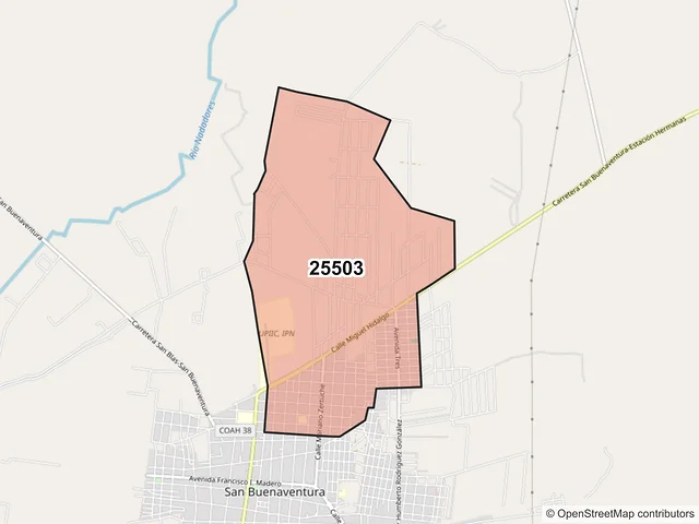 Mapa del código postal 25503, San Buenaventura, Coahuila de Zaragoza