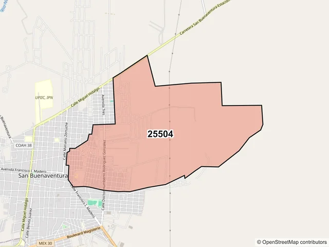 Mapa del código postal 25504, San Buenaventura, Coahuila de Zaragoza