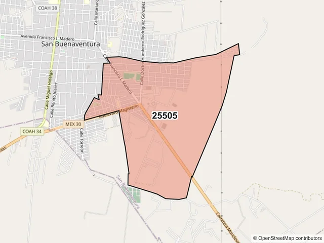 Mapa del código postal 25505, San Buenaventura, Coahuila de Zaragoza