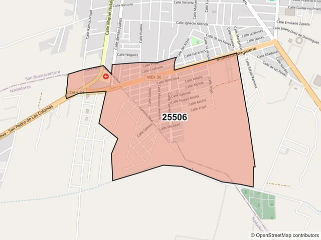 Mapa del código postal 25506, San Buenaventura, Coahuila de Zaragoza