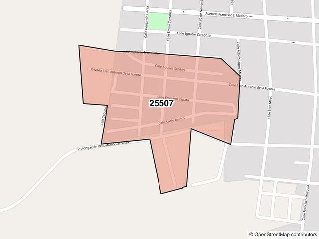 Mapa del código postal 25507, San Buenaventura, Coahuila de Zaragoza