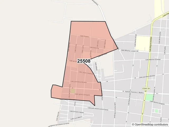 Mapa del código postal 25508, San Buenaventura, Coahuila de Zaragoza