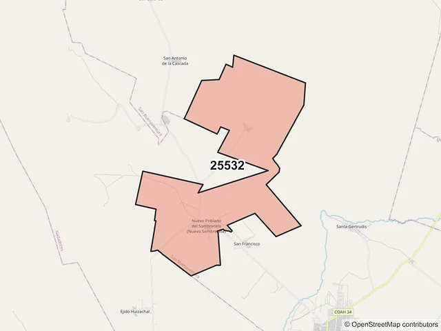 Mapa del código postal 25532, San Buenaventura, Coahuila de Zaragoza