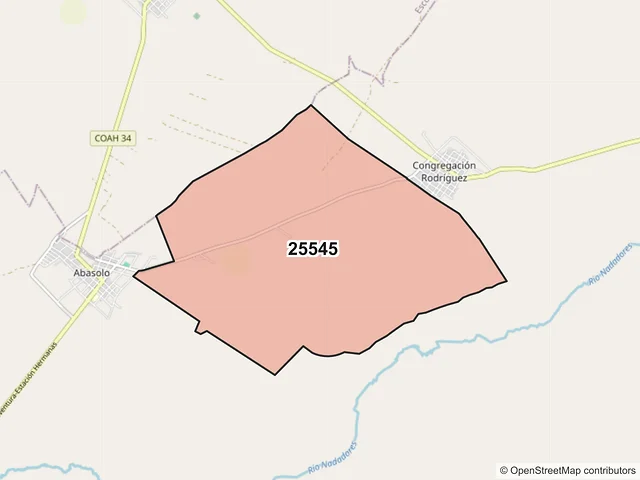 Mapa del código postal 25545, Abasolo, Coahuila de Zaragoza