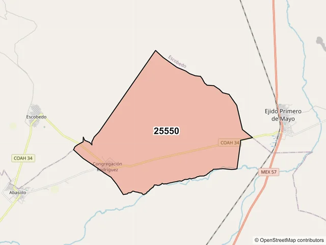 Mapa del código postal 25550, Abasolo, Coahuila de Zaragoza