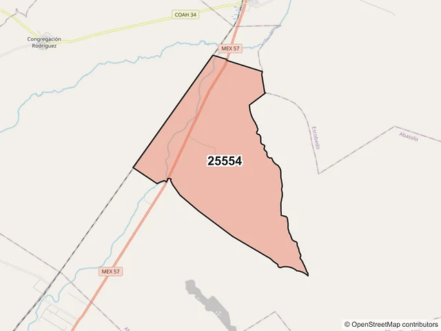 Mapa del código postal 25554, Abasolo, Coahuila de Zaragoza