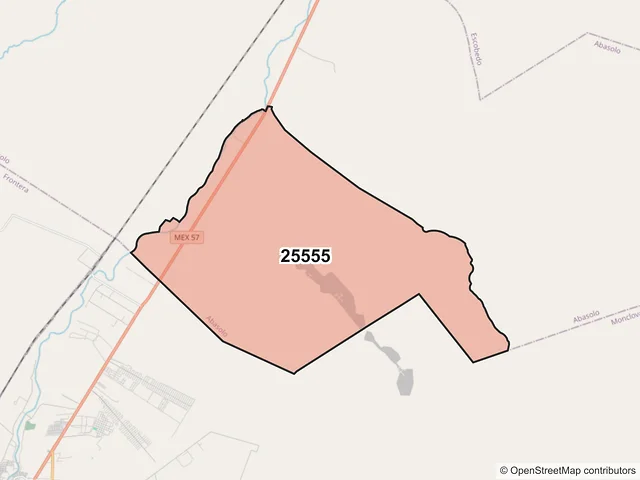 Mapa del código postal 25555, Abasolo, Coahuila de Zaragoza