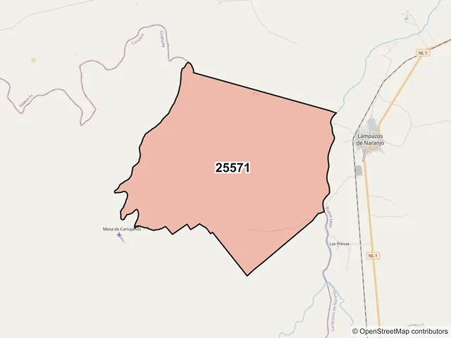 Mapa del código postal 25571, Candela, Coahuila de Zaragoza