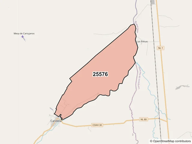 Mapa del código postal 25576, Candela, Coahuila de Zaragoza