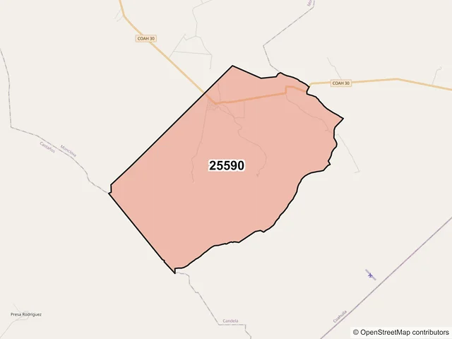 Mapa del código postal 25590, Candela, Coahuila de Zaragoza