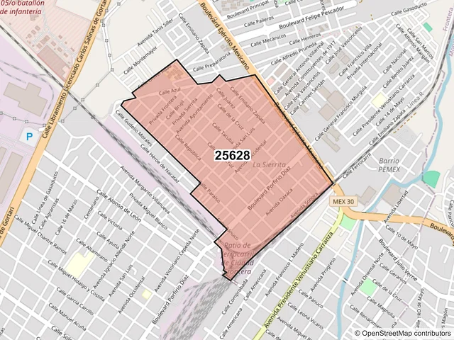 Mapa del código postal 25628, Frontera, Coahuila de Zaragoza