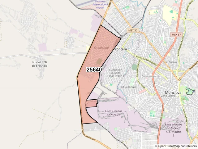 Mapa del código postal 25640, Frontera, Coahuila de Zaragoza