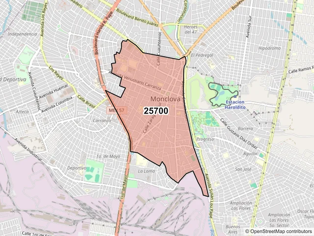 Mapa del código postal 25700, Monclova, Coahuila de Zaragoza