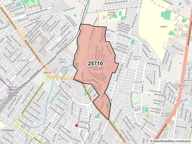 Mapa del código postal 25710, Monclova, Coahuila de Zaragoza