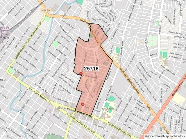 Mapa del código postal 25716, Monclova, Coahuila de Zaragoza