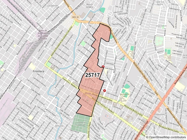 Mapa del código postal 25717, Monclova, Coahuila de Zaragoza